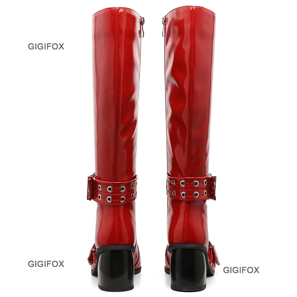 GIGIFOX Pointed Toe Women Zipper Knee-high Boots Chunky High Heel Patent Leather Metal Buckle Shoes Punk Fashion Boots For Woman