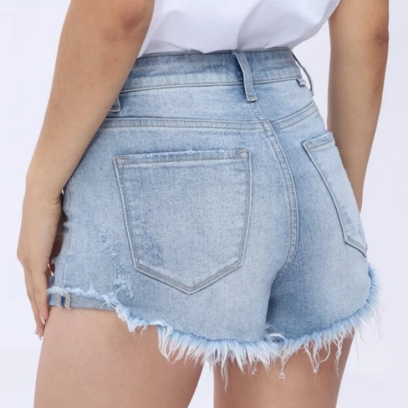 Women High Rise Button Up Denim Shorts Raw Hem Distressed Ripped Light Blue Washed Comfort Fitted Casual Style Chic Bottom
