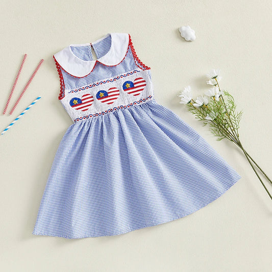 Independence Day Sleeveless Dress with Ruffle Collar and Star Embroidery for Girls Patriotic A-Line Dress Kids Summer Outfit