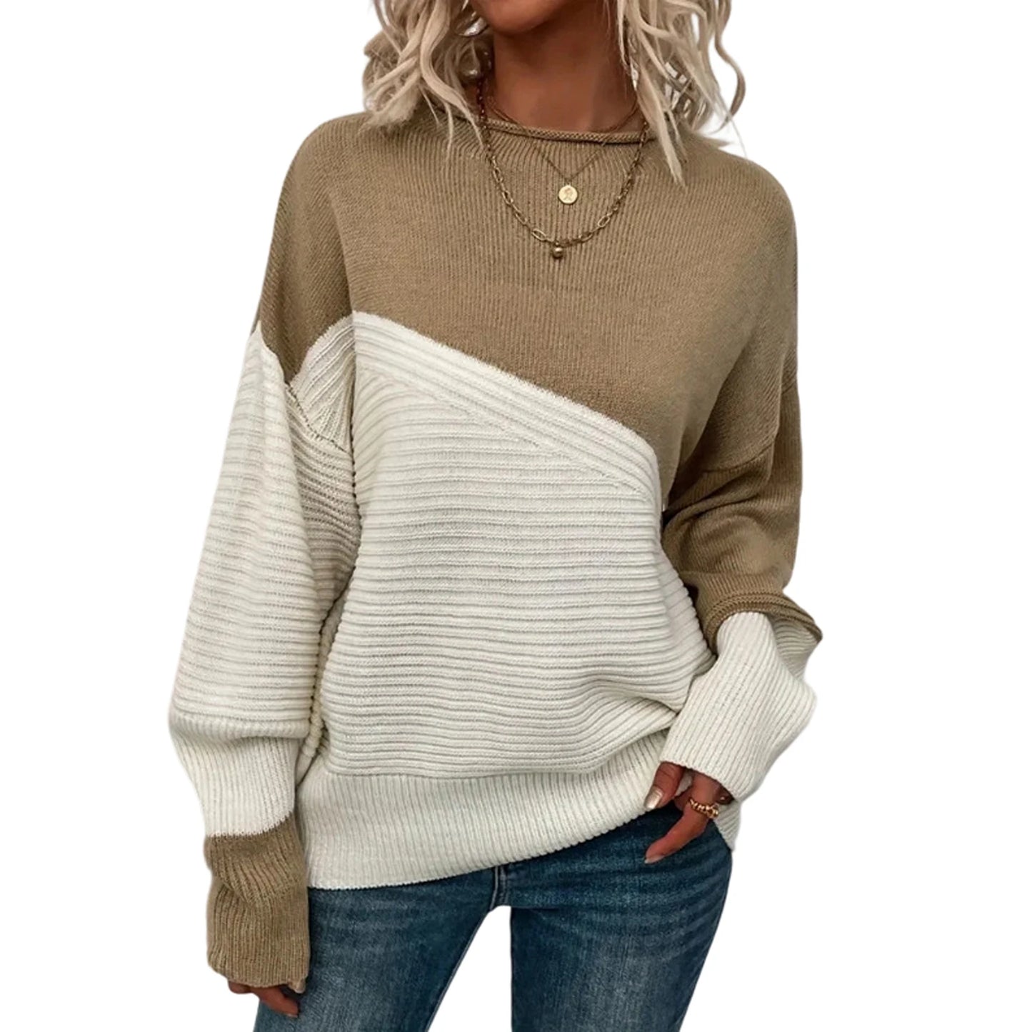 Women'S Casual Round Neck Colorblock Pullover Sweater Loose Casual Long Sleeve Contrast Color Top Pulls Femmes Woman Clothes