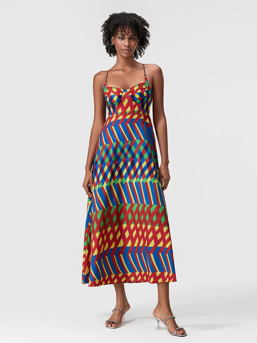 Women s Long Slip Dress Contrast Line Print Sleeveless Spaghetti Strap Backless Flowy Dress