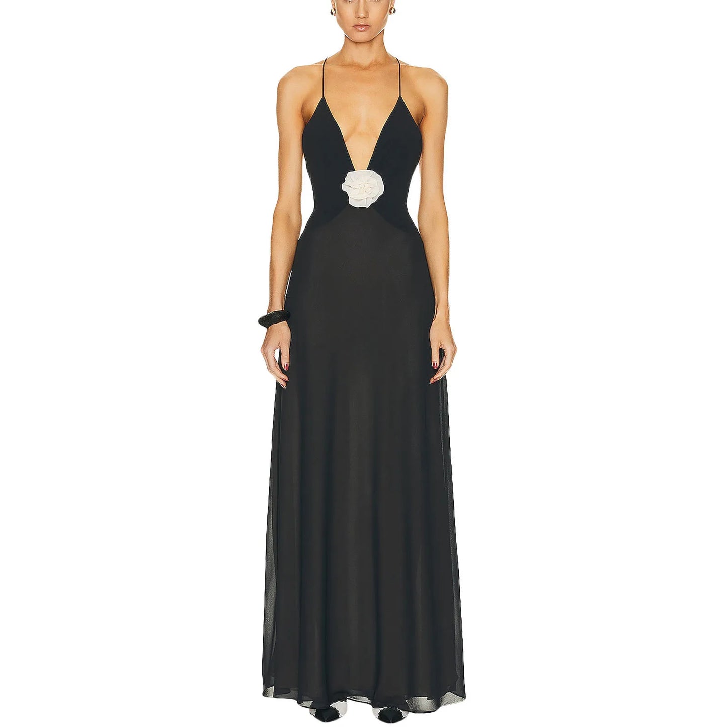 Elegant Women s Sleeveless V Neck Maxi Dress with Floral Embellishments for Summer Evening Parties and Events