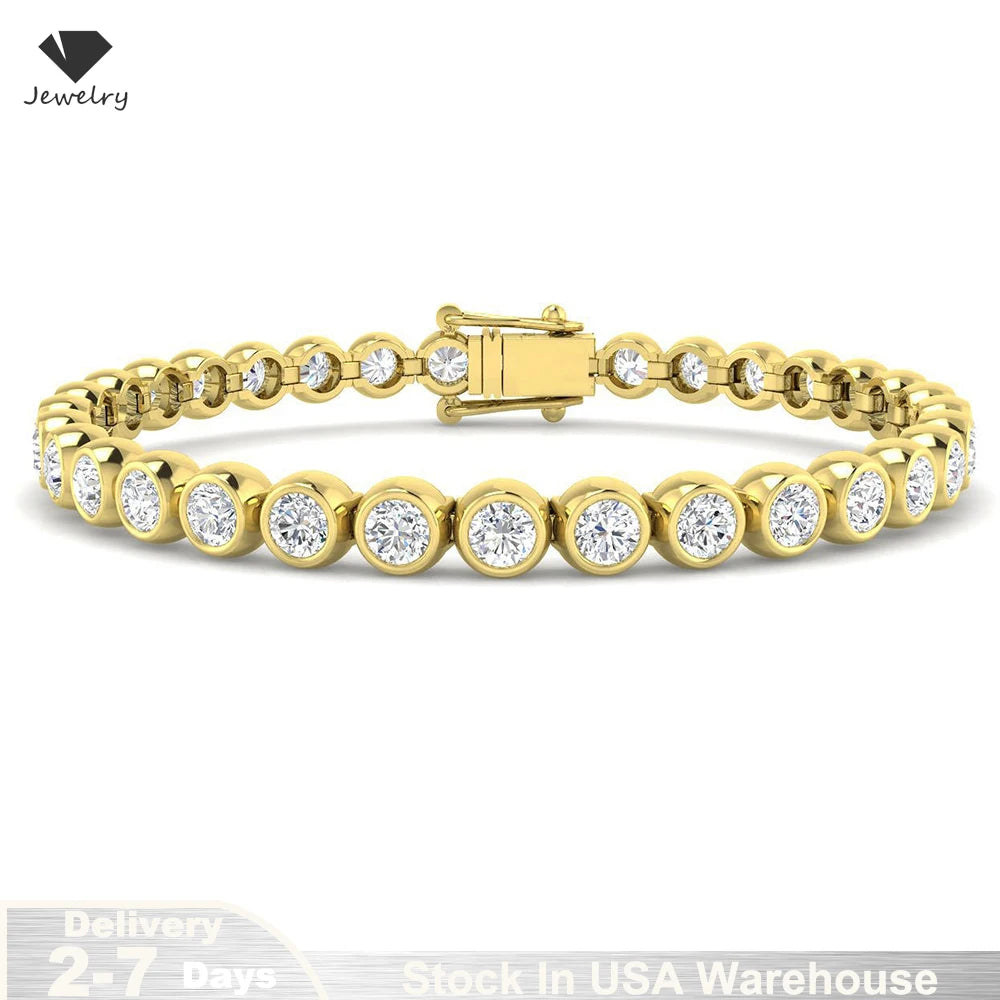 925 Sterling Silver 14k Gold Plated Tennis Chain Bracelets Elegant Lab Diamond Moissanite Bezel Jewelry Anniversary US Warehouse