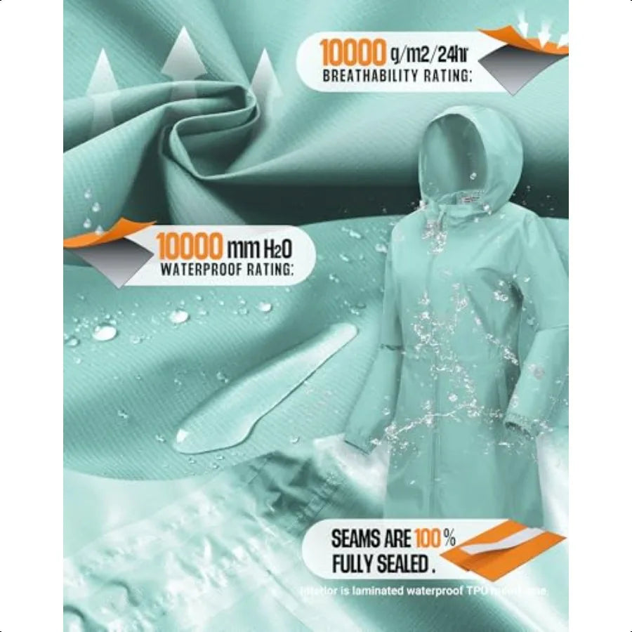 Outdoor Ventures Women's Waterproof Long Rain Coats Packable Lightweight Rain Jacket With Hood Windproof Trench Coats