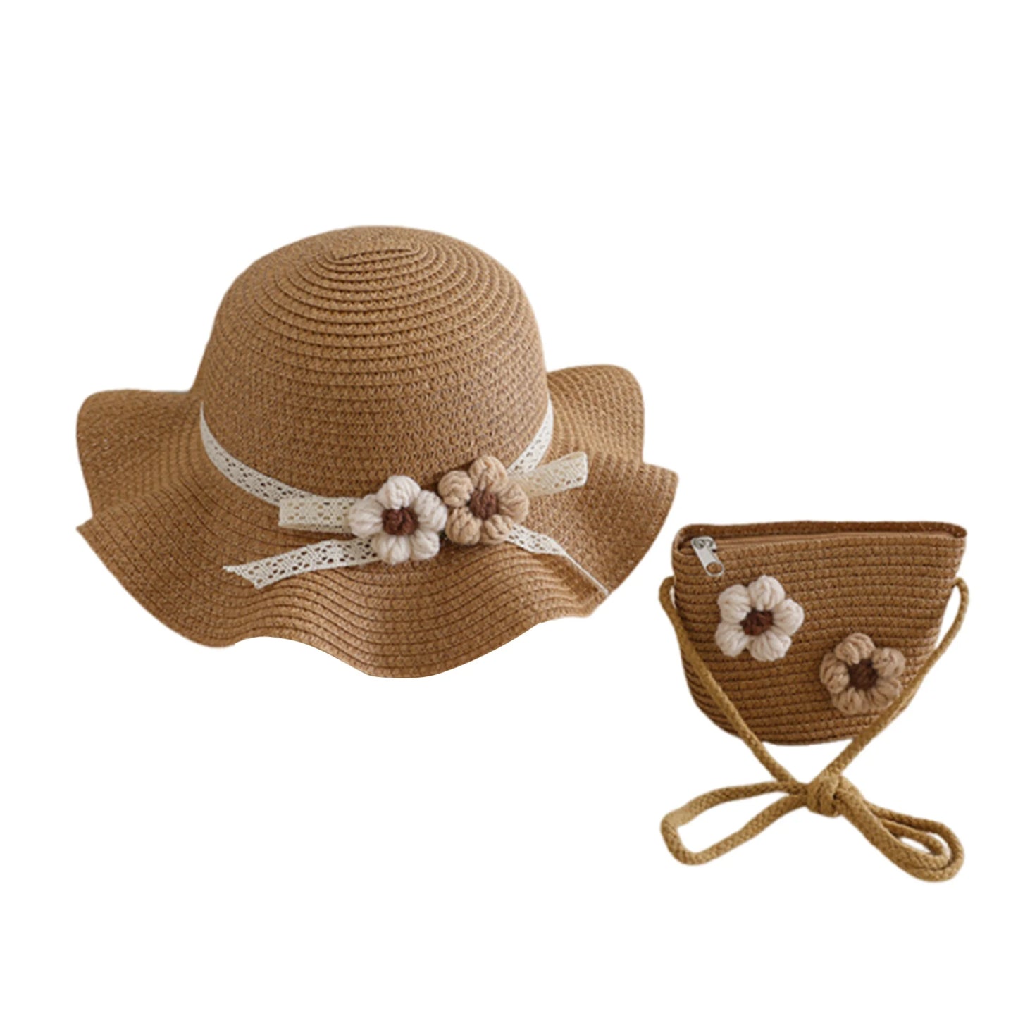 Girls Summer Sun Hat and Tote Bag Set with 3D Floral Embellishments Lace Detail Wide Brim and Adjustable Crossbody Strap