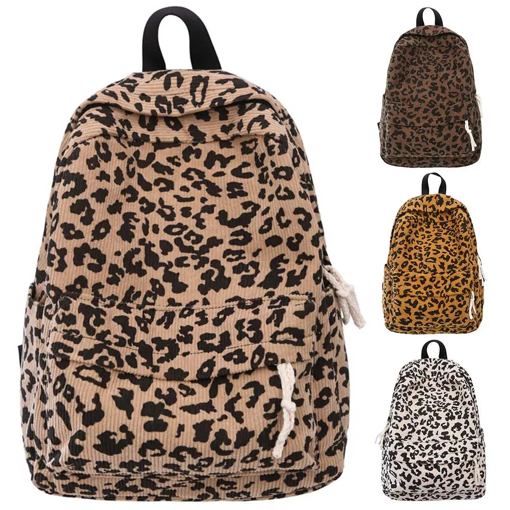 Corduroy Leopard Backpack Teenagers School Bag Large Capacity Stylish Shoulder Backpack Multi Pockets Travel Rucksack