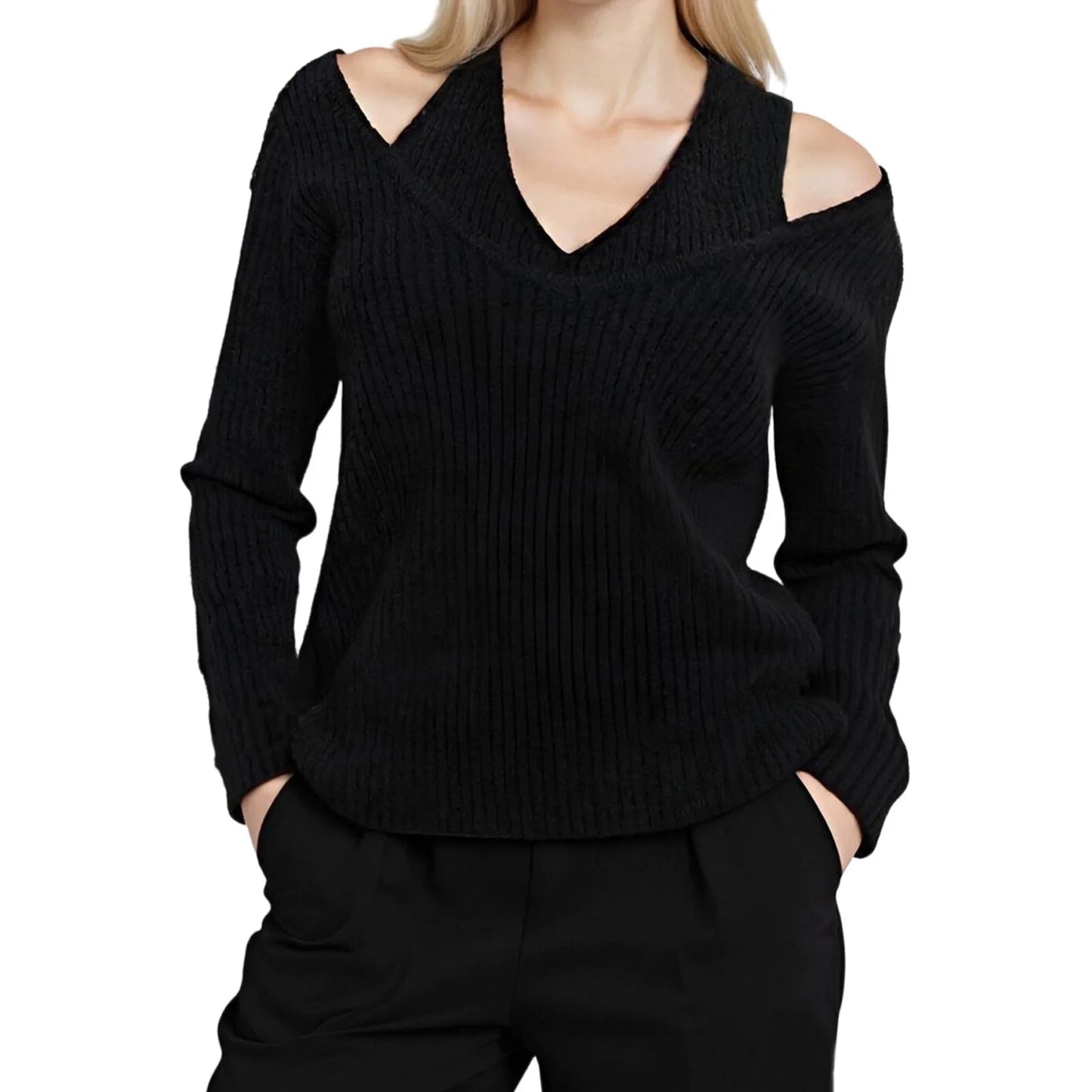Women s Cozy Cable Knit Sweater with Cold Shoulder Detail and Halter Neckline for Autumn and Winter Fashion