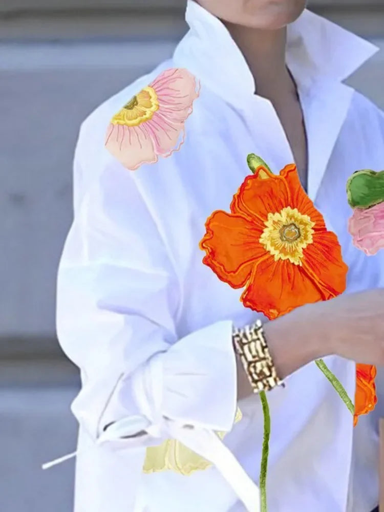 Korean Fashion Floral Printed Lapel Blouse For Women 2025 New Autumn Flared Sleeves Buttoned Urban Casual Shirts Tops