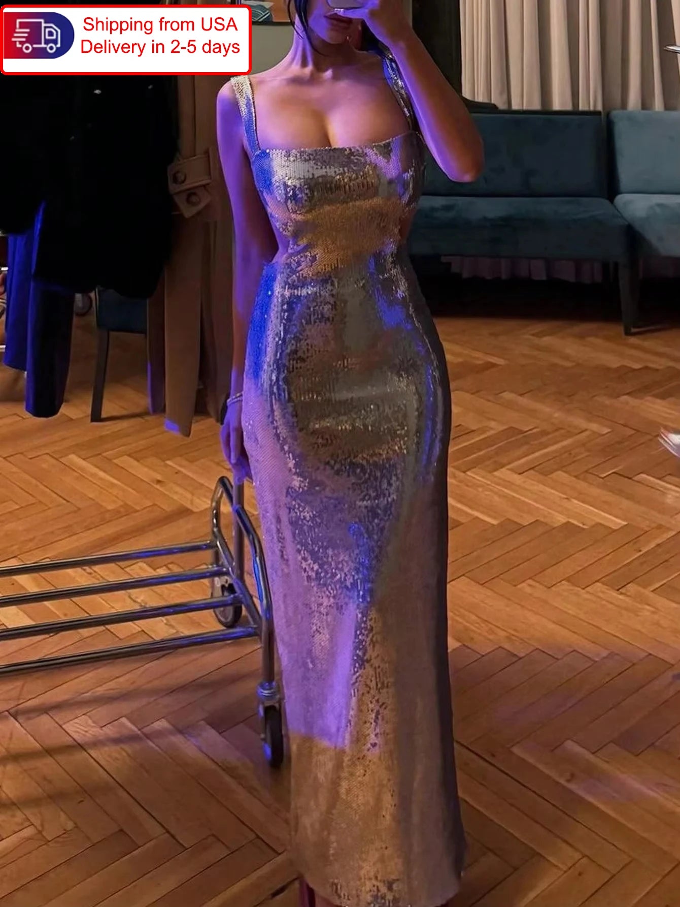 Dress 2025 Sequined Floor Length Dress Sexy Backless Elegant Women's Evening Dress Silver Party Cutout Dress