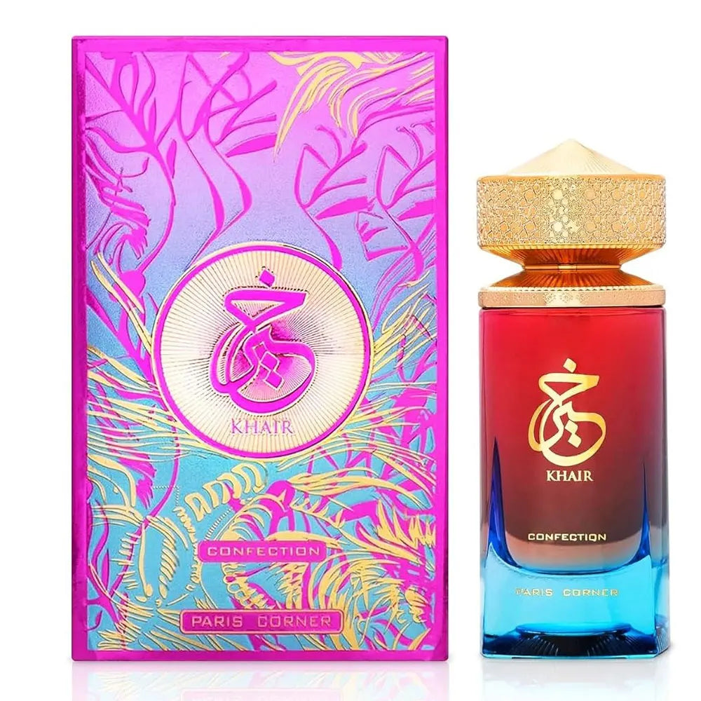 Khair Confection Perfume by Paris Corner, Luxury Fragrance with Gradient Red and Blue Bottle, Gold Cap