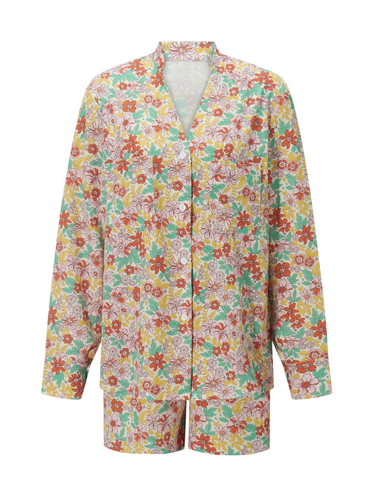 Women s 2 Piece Pajama Set Long Sleeve Button Up Floral Tops Drawstring Shorts Sleepwear Sets