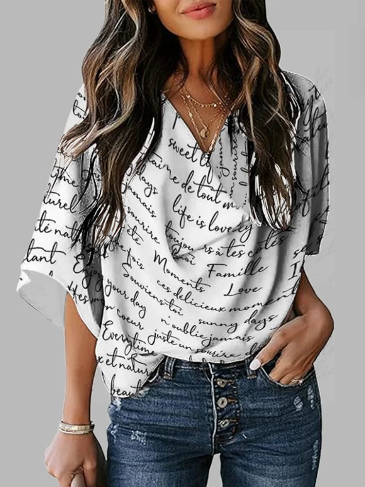 Fashion Women's Clothes Summer New Loose Short Sleeves Letter Print Shoulder Pad Heaps Collar T-Shirts Tops Casual Female