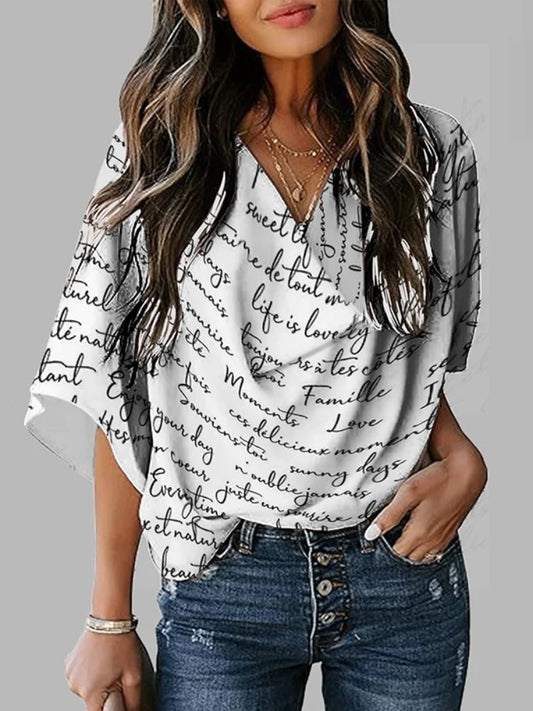 Fashion Women's Clothes Summer New Loose Short Sleeves Letter Print Shoulder Pad Heaps Collar T-Shirts Tops Casual Female