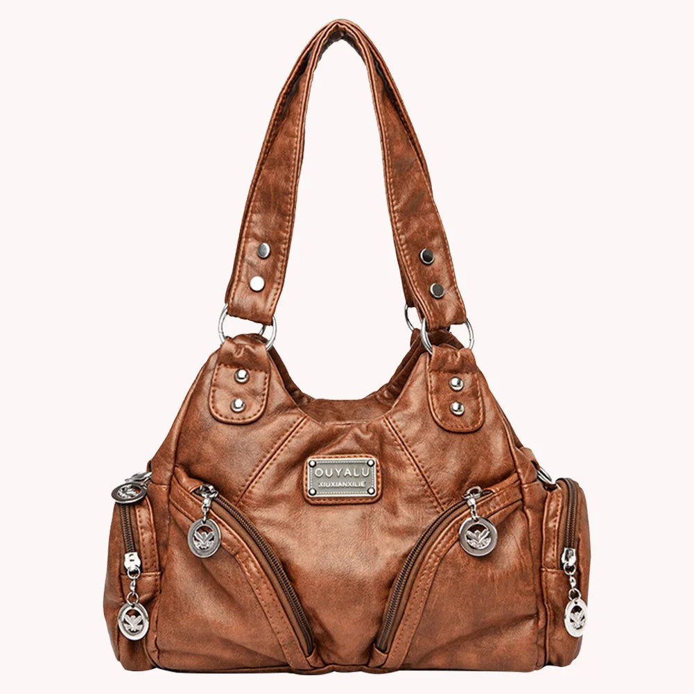 Women Retro Rivet Shoulder Bag Multiple Pockets Leather Tote Bag Detachable Strap Vintage Sling Bag Female Travel Handbag