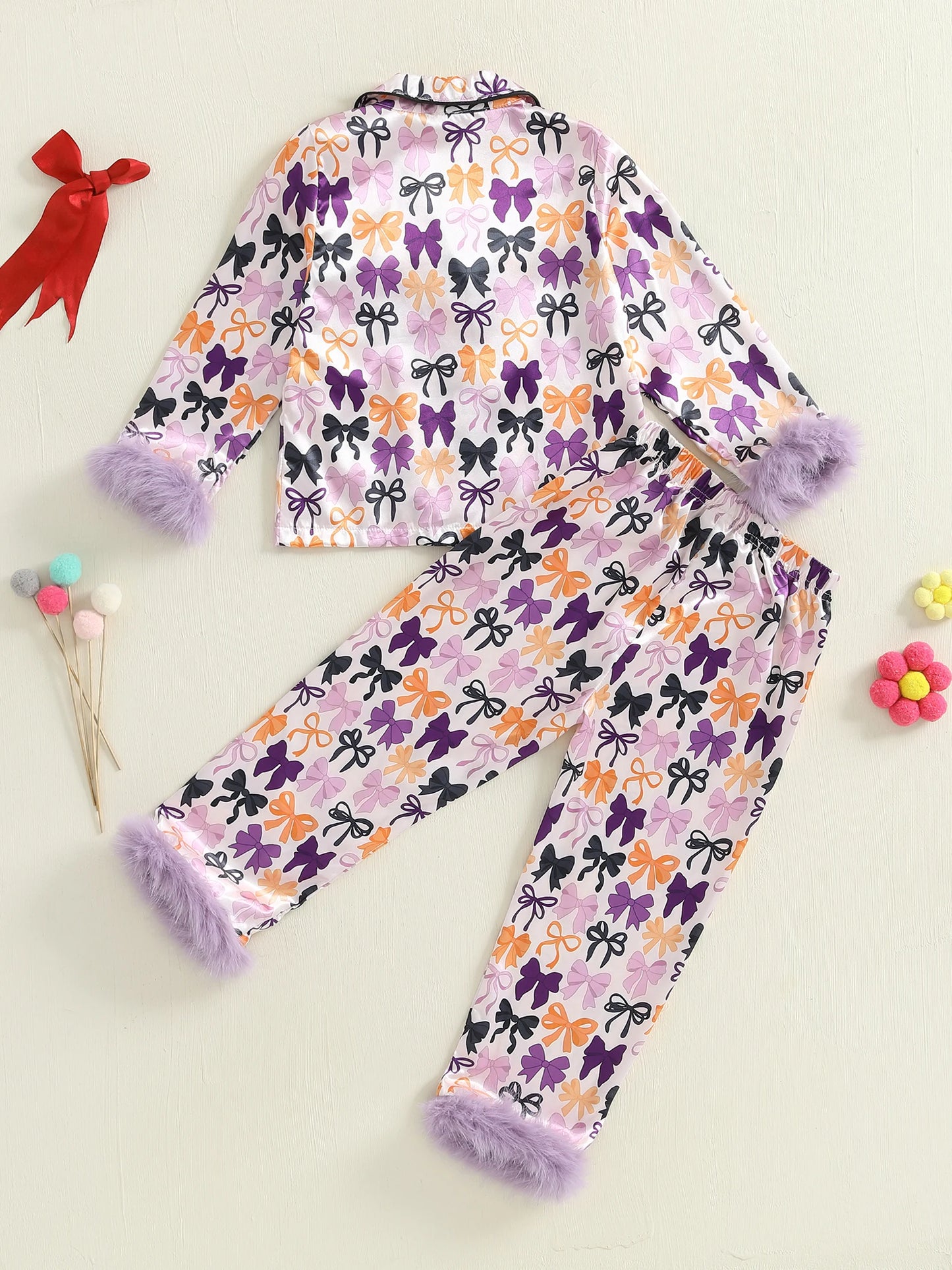 Kids Halloween Satin Pajama Set with Bow Print Long Sleeve Lapel V Neck Top and Pants Sleepwear for Toddlers