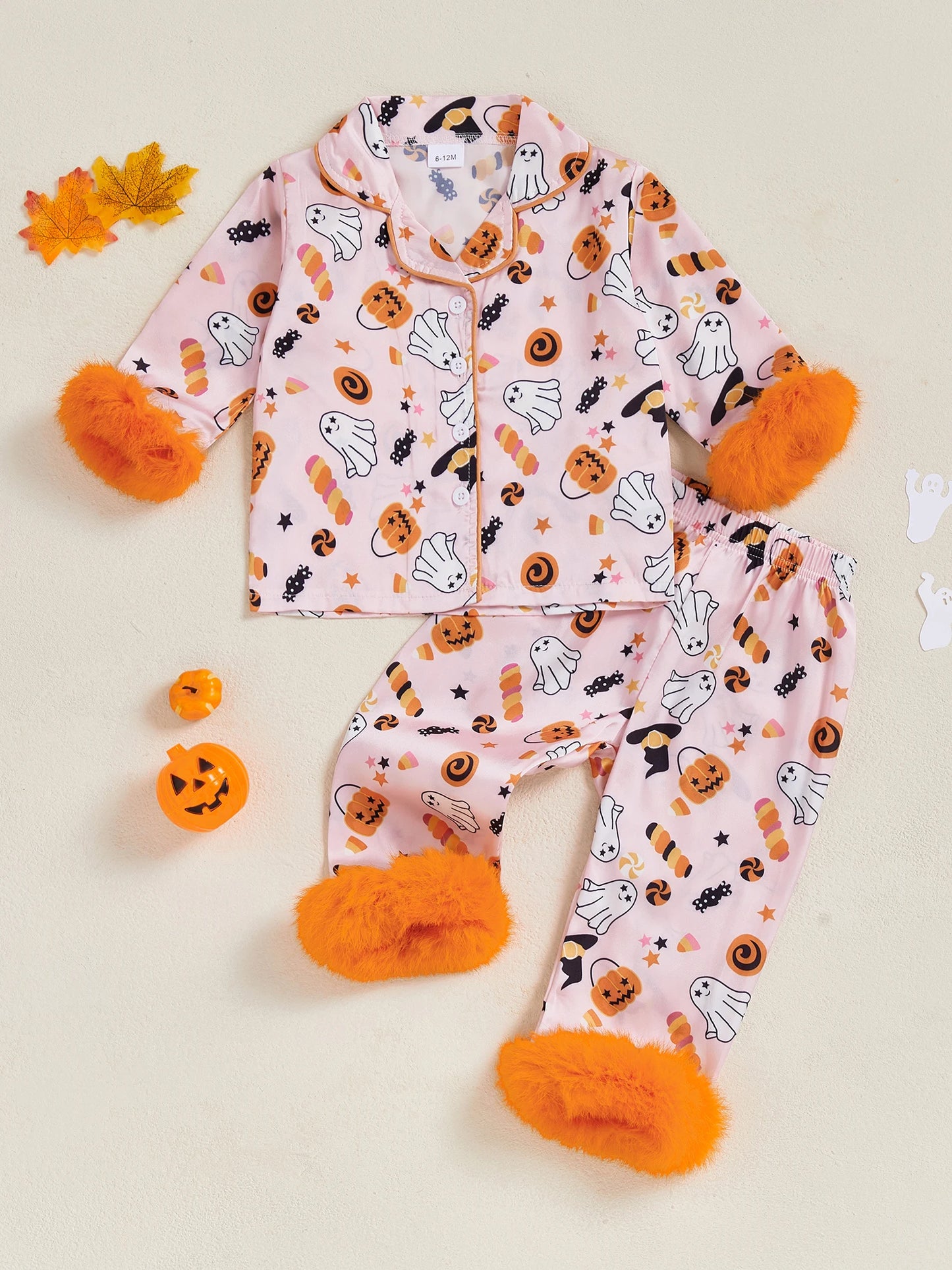 Kids Halloween Satin Pajamas Set Witch Print Lapel Long Sleeve Button Down Tops with Pants Sleepwear for Little Girls
