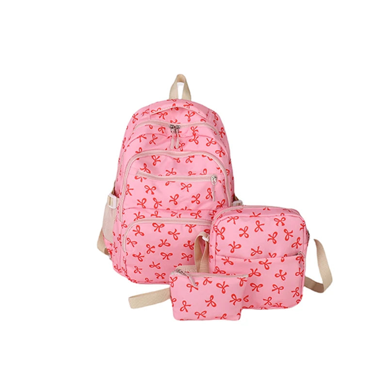 3Pcs/Set Bow Print Backpack with Crossbody Bag and Small Purse Bow Student Bookbag Simple Backpack for Elementary Middle Kids