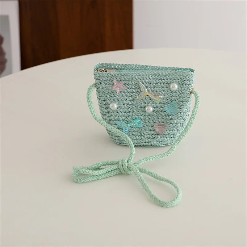 Children's Straw Woven Summer Crossbody Bag Cute Girl Coin Wallet Shoulder Bag Colorful Shells Fish Tail Zero Wallet Kids Gifts