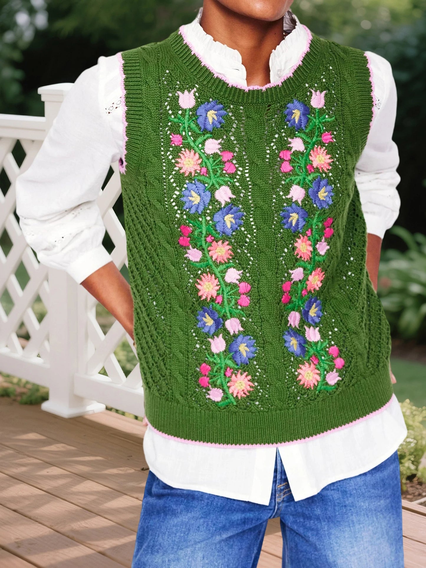 Women s Sleeveless Knit Sweater Vest with Floral Embroidery Cozy Crew Neck Tank Top Stylish Knitted Sleeveless Pullover