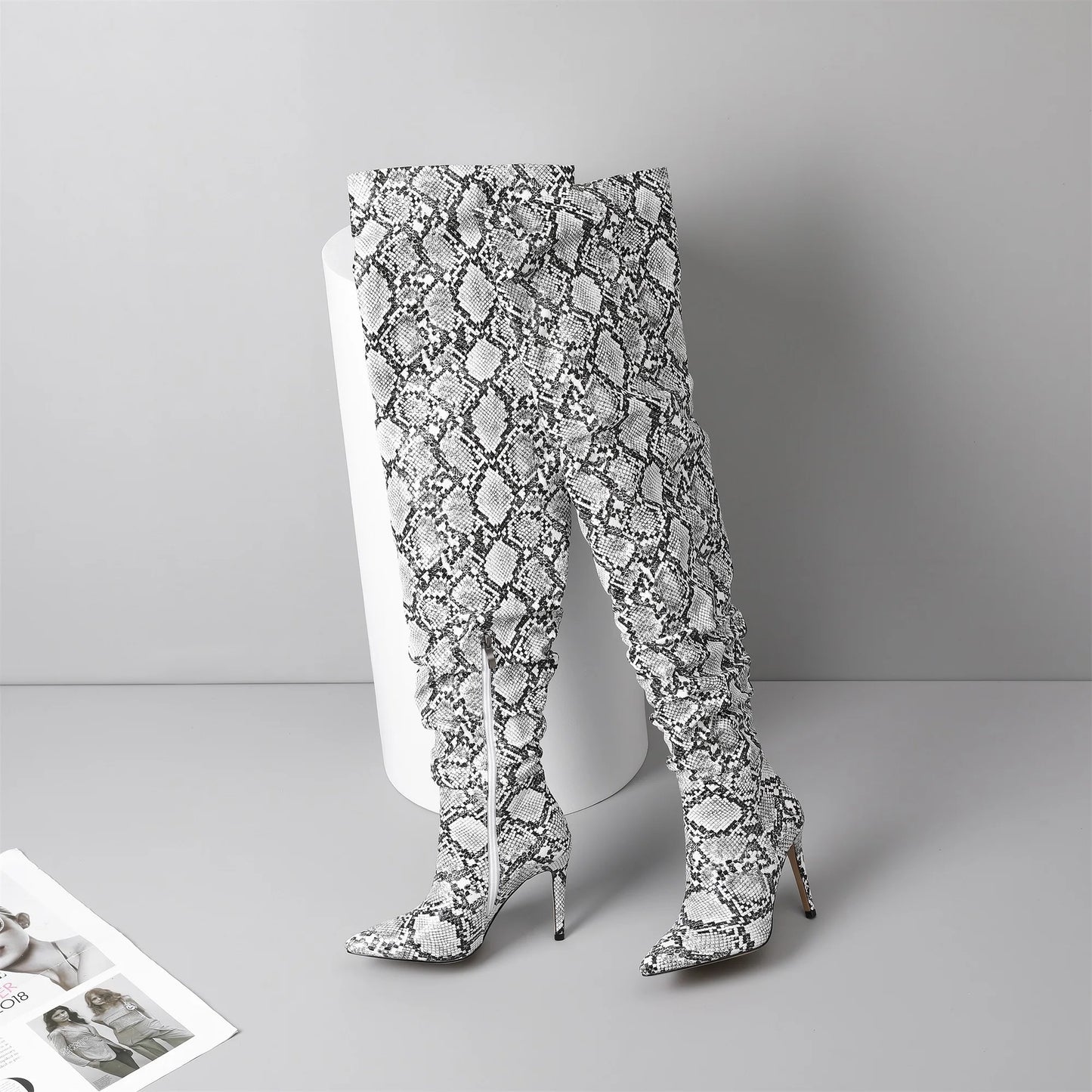 Snakeskin Boots knee high boots women Sexy Stunning and Stylish Exquisite Pointed Toe Fine High Heels Pleated