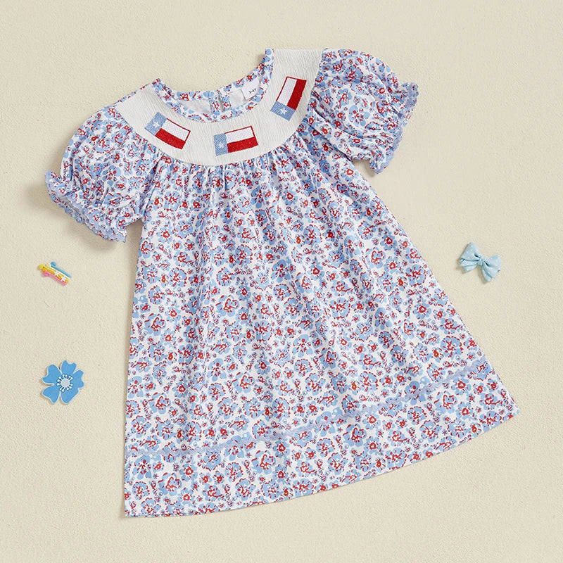 Girls Short Sleeve Crew Neck Floral Print Summer Dress Embroidered Casual Dress for Kids Cute Flower Patterned Clothing