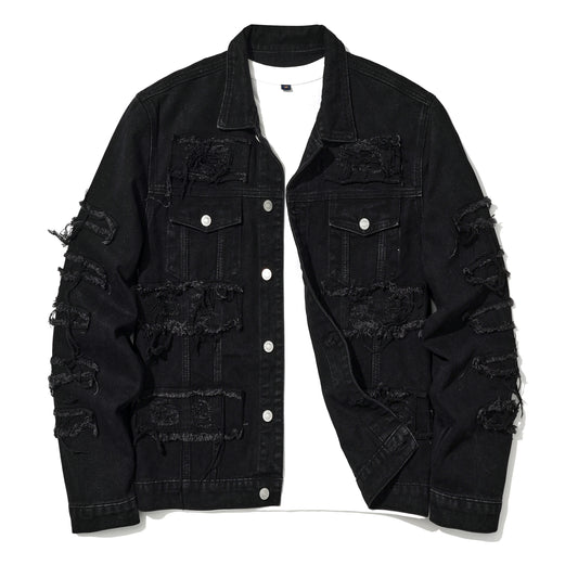 Men's Gothic punk Distressed Trucker Casual Denim Jacket Outerwear Loose Fit Stretch Cowboy Long sleeves Coat