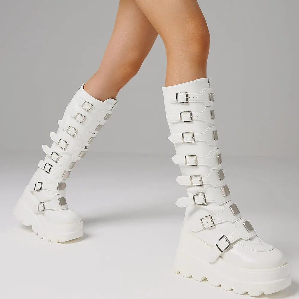 Punk Goth Women Knee High Boots Round Toe Multi Metal Buckle Zipper Motorcycle Boots Nightclub Christmas Shoes