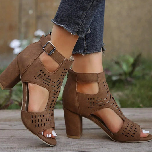 DoraTasia New Fashion Concise Women's Buckle High Heel Sandals Retro Hollow Out Design Chunky Heel Nightclub Ladies Sandals