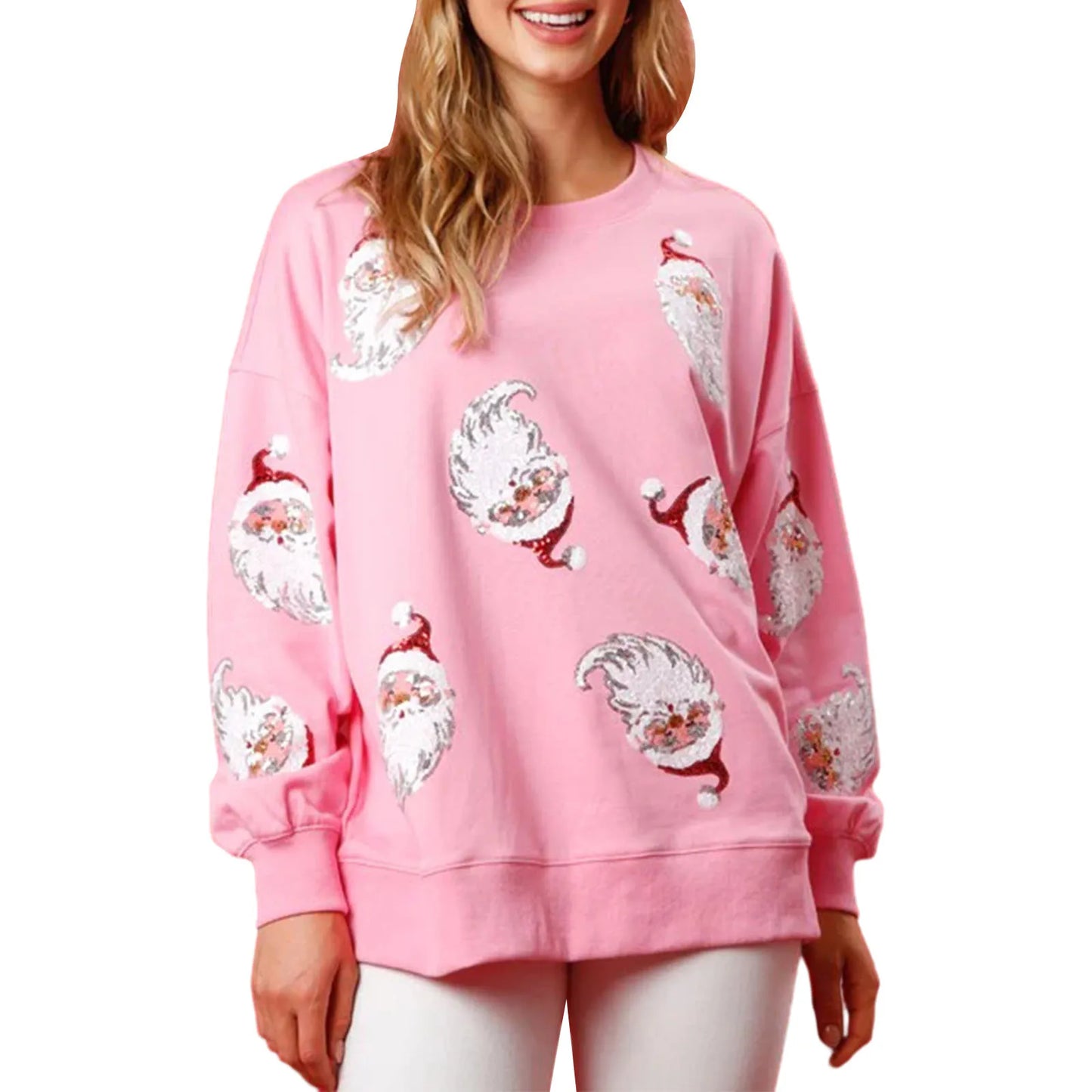 Women’s Crewneck Sweatshirt Loose Santa Claus Sequins Print Long Lantern Sleeve Tops for Christmas