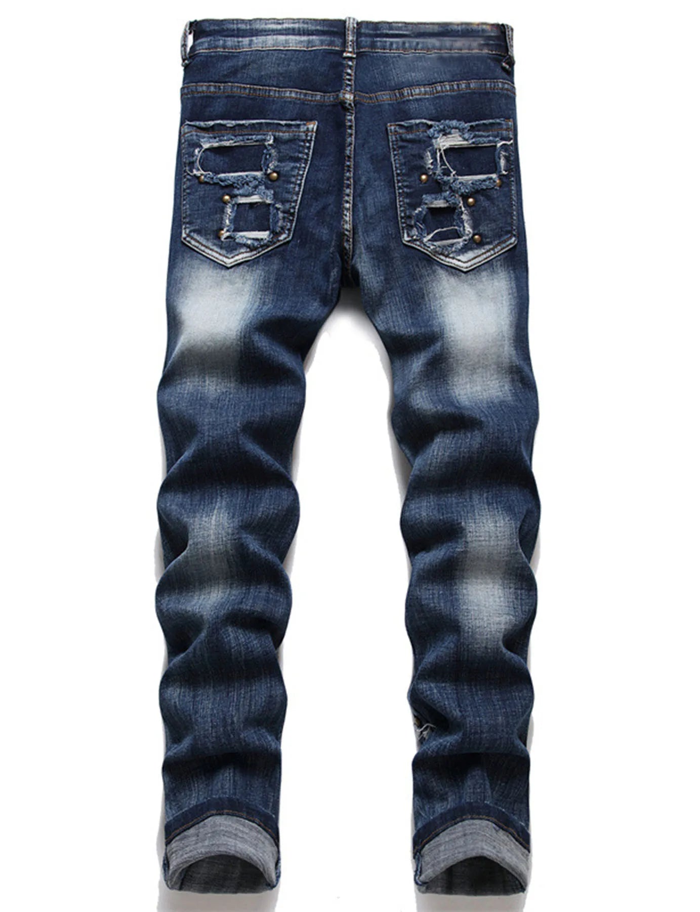 Men`s Steampunk Rock Hip Hop Rivet comfortable Patchwork Beggar stretch Washed Denim Street Fashion Casual Jeans pants