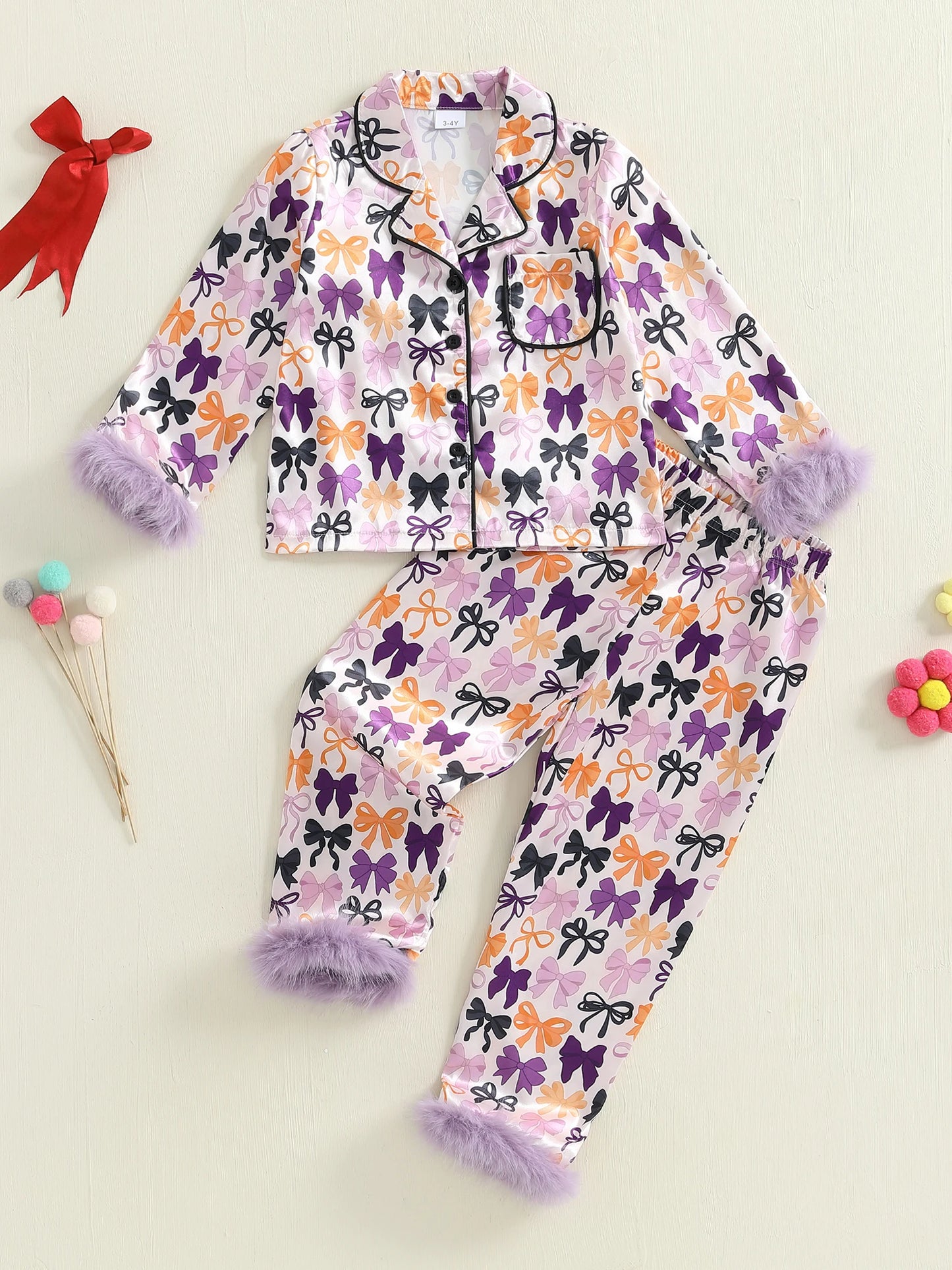 Kids Halloween Satin Pajama Set with Bow Print Long Sleeve Lapel V Neck Top and Pants Sleepwear for Toddlers