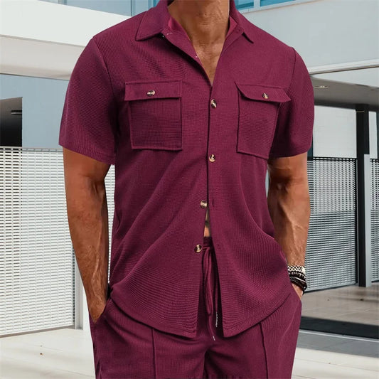 Men s Casual Short Sleeve Button Down Shirt with Turn-down Collar Solid Color Summer Top for Daily Wear and Outings
