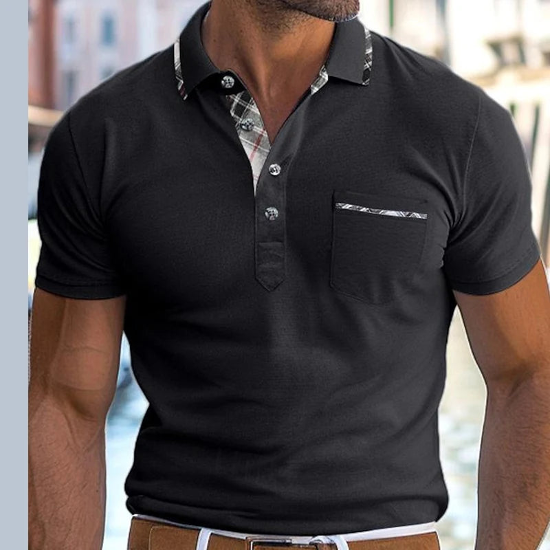 Men s Casual Short Sleeve Shirt Regular Fit Plaid Trim Half Button-up Lapel Neck Top Summer Clothing Collection