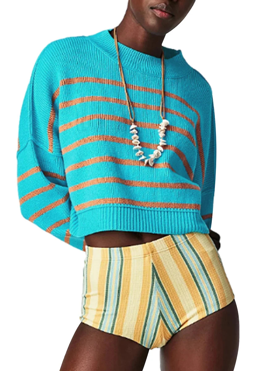 Women Solid Color Stripe Knit Sweater Crew Neck Long Sleeve Loose Pullovers Spring Fall Casual Jumpers Streetwear
