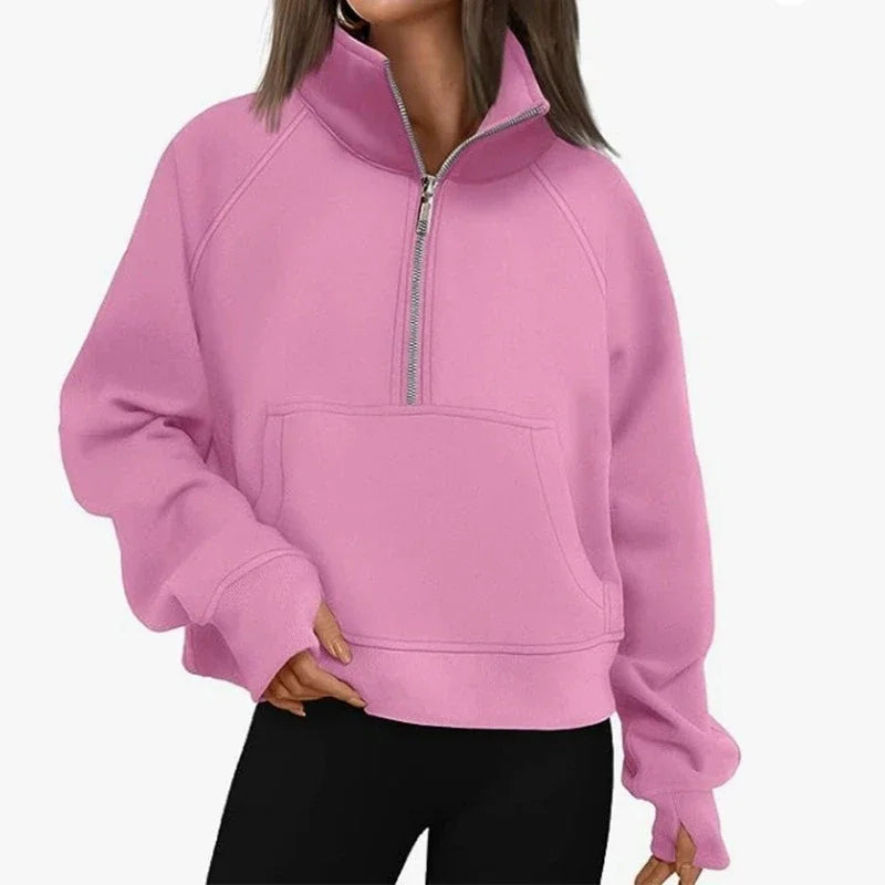 New Women's Spring Autumn Winter Stand Collar Plus Fleece Solid Color Hoodie Long Sleeve Pocket Loose Half Zip Pullover Hoodie
