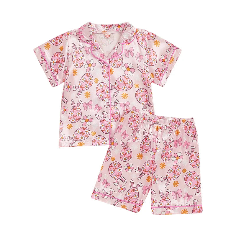 Adorable Toddler Girl Easter Pajamas Set with Egg and Floral Print Short Sleeve Lapel Tops and Elastic Waist Shorts Sleepwear