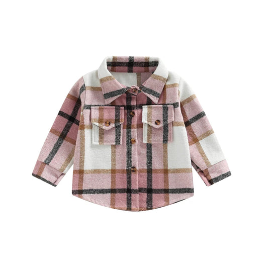 Children s Plaid Shirt Jacket with Lapel Collar Long Sleeves and Button-Up Front - Stylish Coat for Boys and Girls