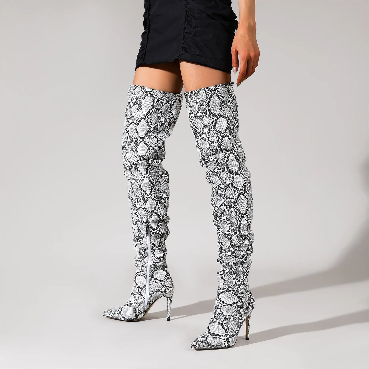 Snakeskin Boots knee high boots women Sexy Stunning and Stylish Exquisite Pointed Toe Fine High Heels Pleated