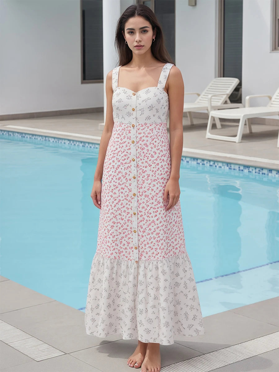 Women V-Neck Maxi Dress Sleeveless Floral Print Summer Dress with Ruffle Hem for Beach Vacation or Evening Party Wear