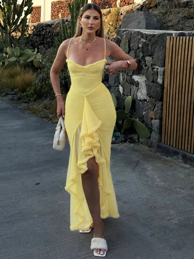Weird Puss Ruffles Bandage Dress Women Sexy Backless Sleeveless Tassel Lace-Neck See Through Slits Hem Prom Party Long Bodycon