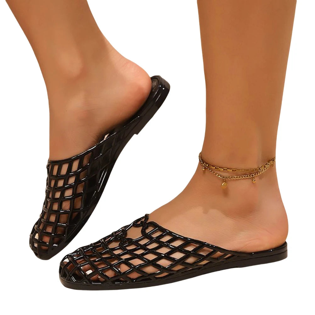 Women Jelly Flats Fashion Slip-On Flats Closed Toe Hollow Out Ballet Flats Lightweight Casual Flat Sandals for Summer Beach