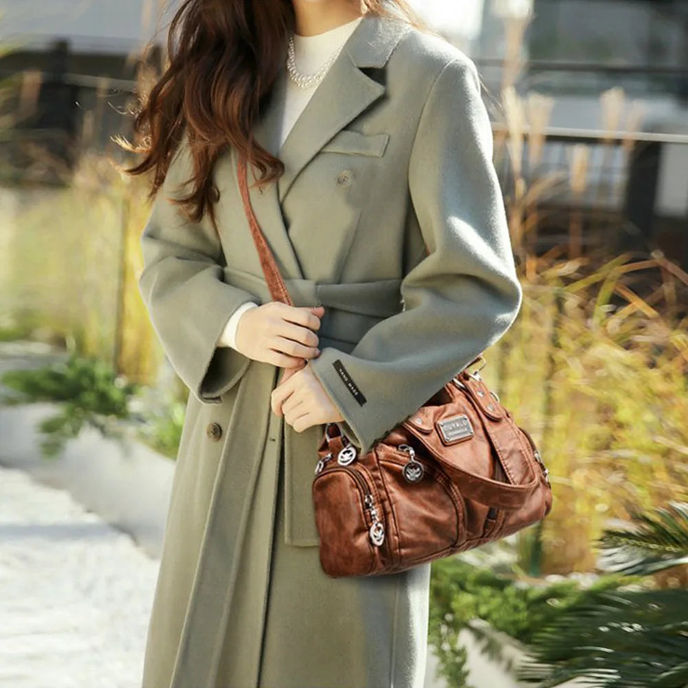 Women Retro Rivet Shoulder Bag Multiple Pockets Leather Tote Bag Detachable Strap Vintage Sling Bag Female Travel Handbag