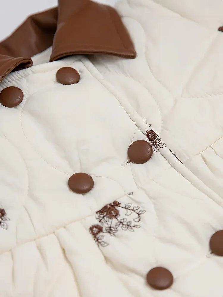 2024 New Fashion Winter Jacket Girl Long Coats PU Collar Belt Cotton Padded Velvet Warm Outerwear Clothes For Children Kids 2-6Y