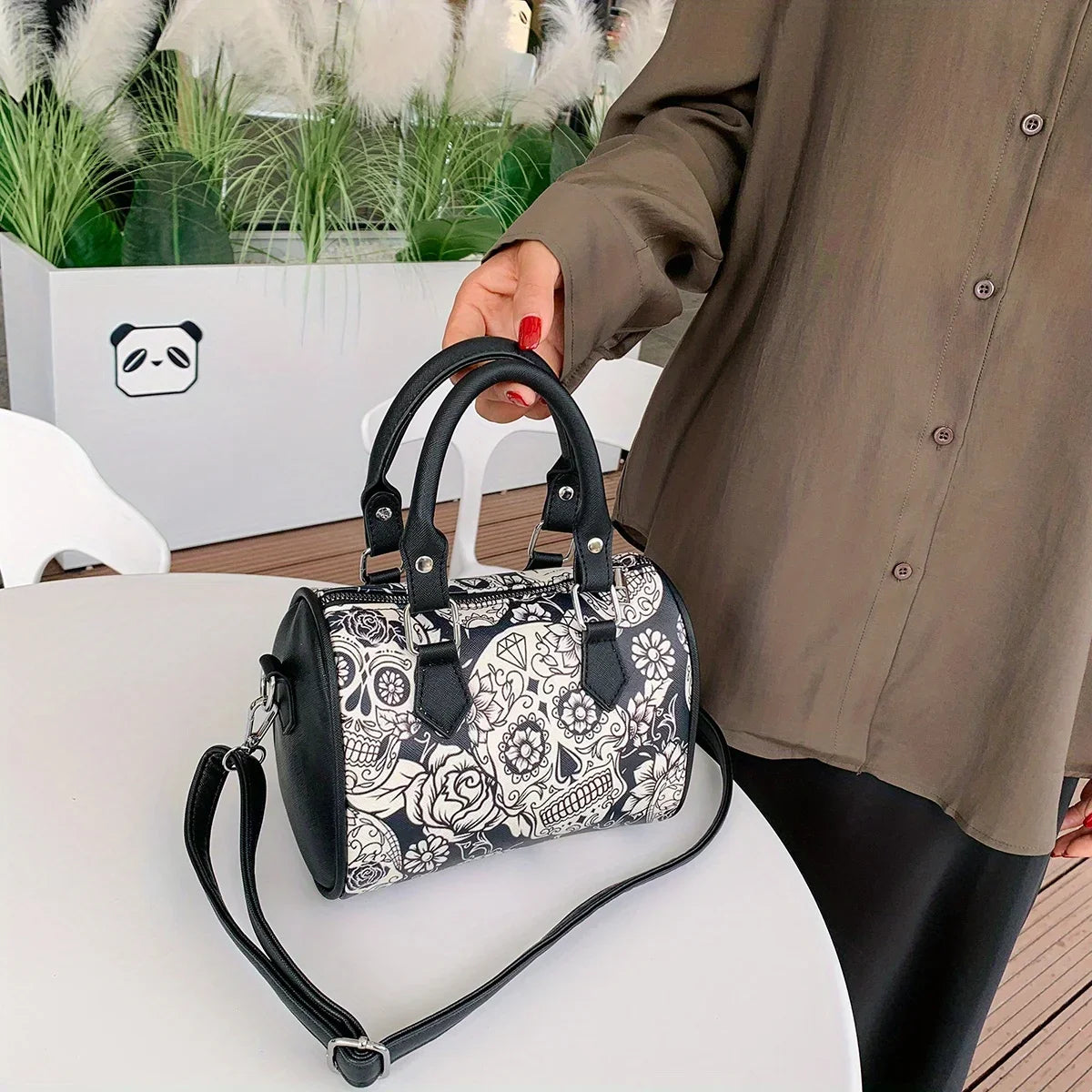 Flower Skull Print Handbag, Halloween Party Ghost Boston Bag, Trendy Small Crossbody Purse