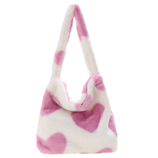 Women Fashion Plush Shoulder Bag Large Capacity Heart Fluffy Commuting Bag Furry Messenger Bag Casual Armpit Bag Daily Sling Bag