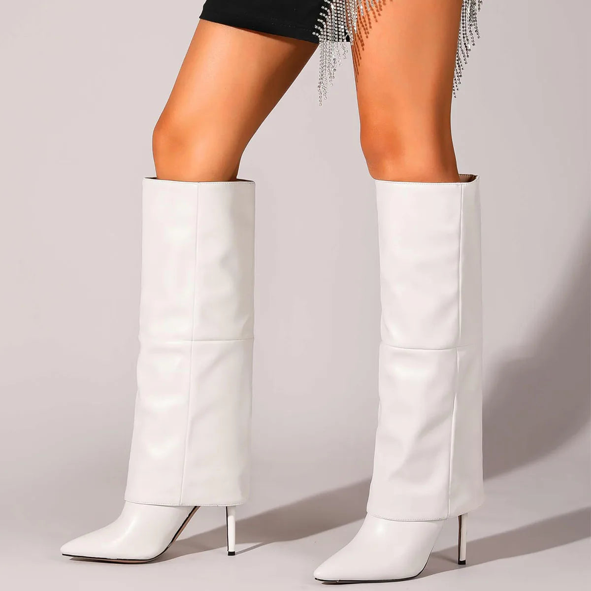 Women's Fold Over Boots Knee High Boots for Women Pointed Toe Stiletto Heel Long Boots Sexy Tall Boots Slip On Fall Winter boots