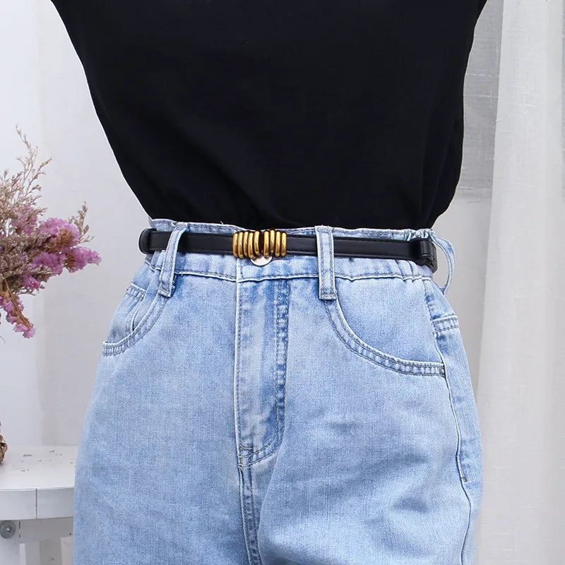 Thin Retro Gold Buckle Adjustable Women Belts Pu Leather Fashion Wild Skinny Waistbands Dress Jeans Pants Decorative Straps