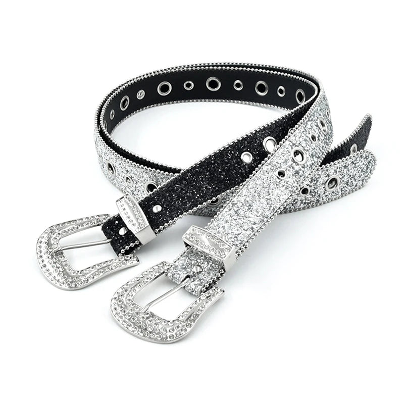 Goth Rhinestone Belts Women PU Leather Strap Bling Diamond Crystal Waist Belts Western Cowboy Y2K Girls Fashion Belt for Jeans