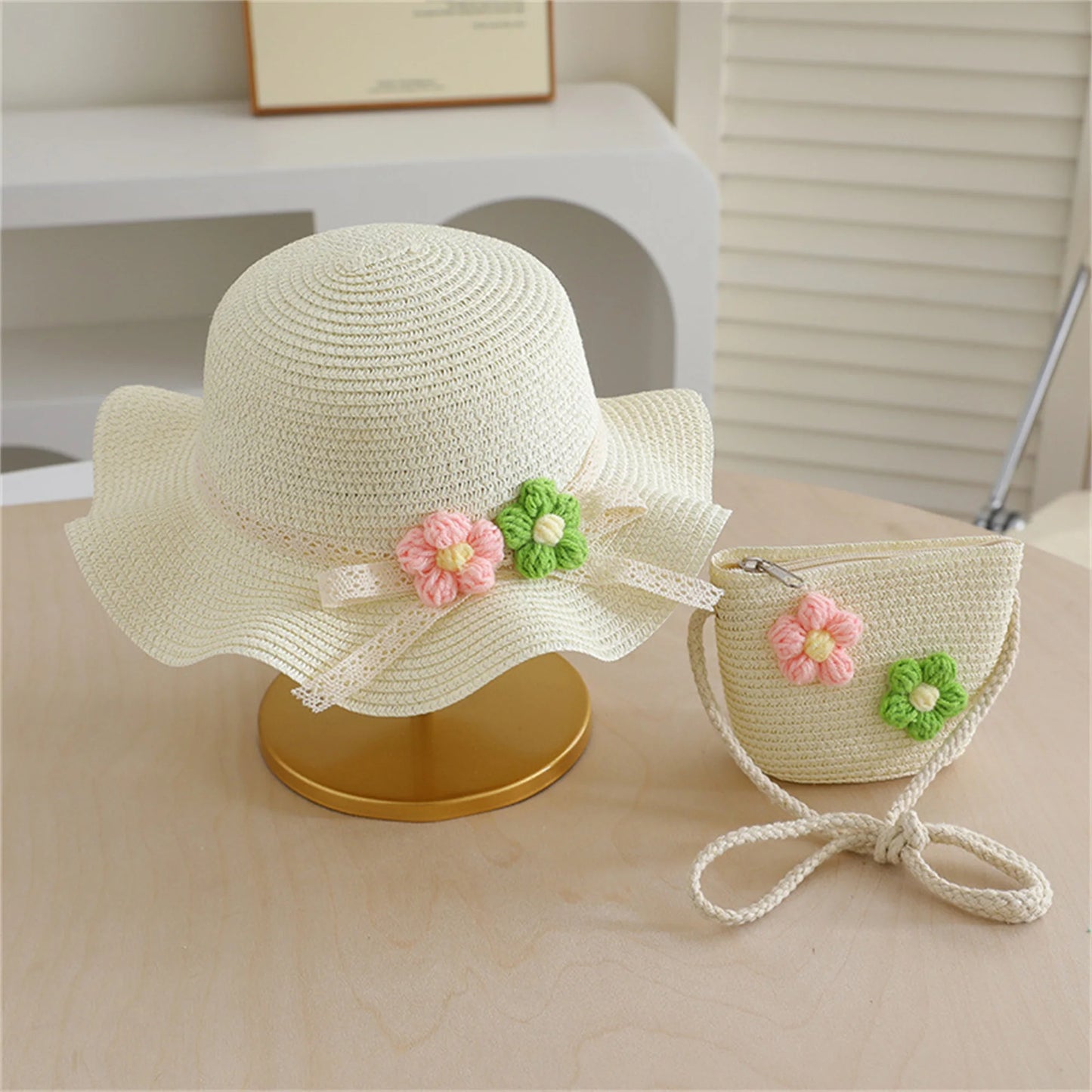 Girls Summer Sun Hat and Tote Bag Set with 3D Floral Embellishments Lace Detail Wide Brim and Adjustable Crossbody Strap
