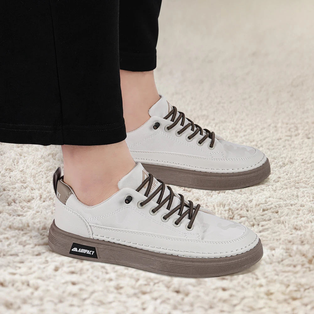 Beige Men's Punk Skate Shoes w/Leather & Canvas, Breathable Elevated Platform Sneakers for Street Fashion & Casual Wear